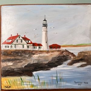 Small Beautiful Vintage Painting of Portland Head Lighthouse in Maine